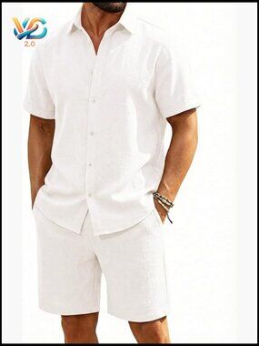 Button Down Linen Blend 2 Piece Shorts Set